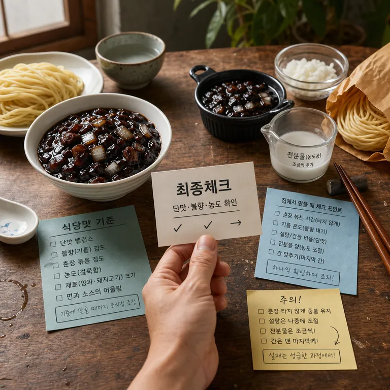 직화 수타식 짜장면과 수타식 유니짜장면의 맛 차이를 비교하는 이미지