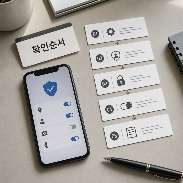 뉴스앱 설정과 권한 확인 순서를 스마트폰 화면과 단계 카드로 보여주는 이미지
