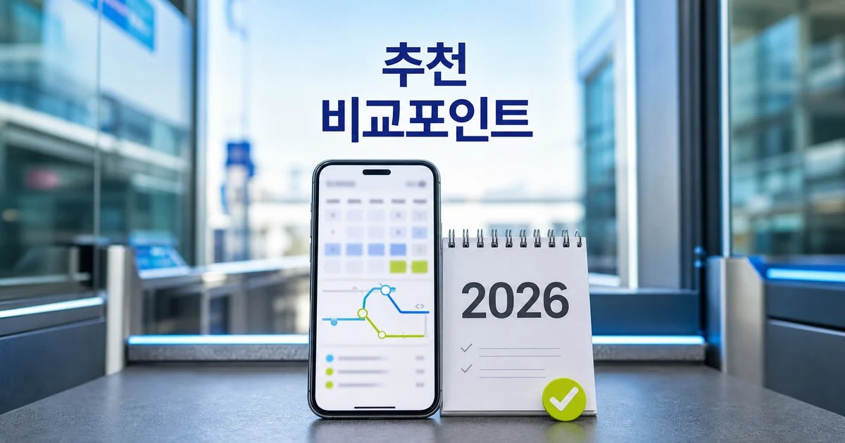 추천 및 앱 2026 일정과 교통 확인 방법을 보여주는 스마트폰과 일정 카드 대표 이미지