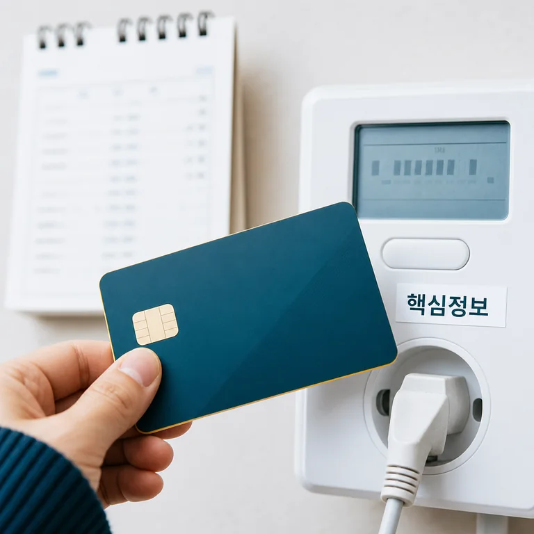 생활비 절약 신용카드 핵심 정보를 확인하는 카드와 계산기 이미지