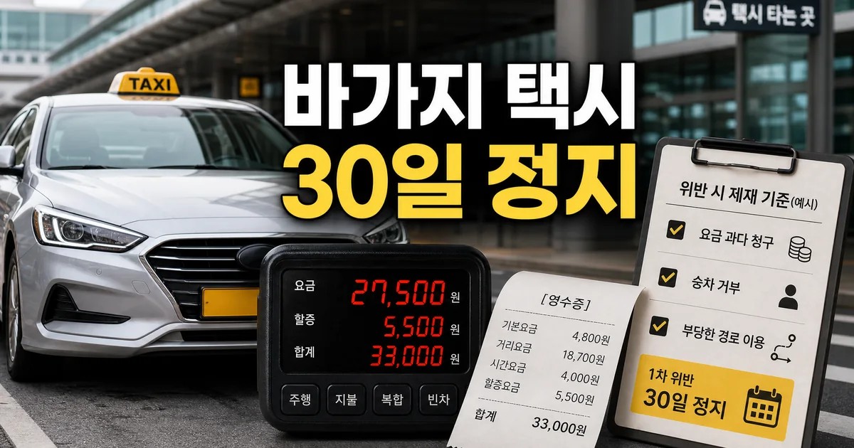 외국인 택시 바가지요금 첫 적발 자격정지 30일 기준을 보여주는 택시와 영수증 썸네일