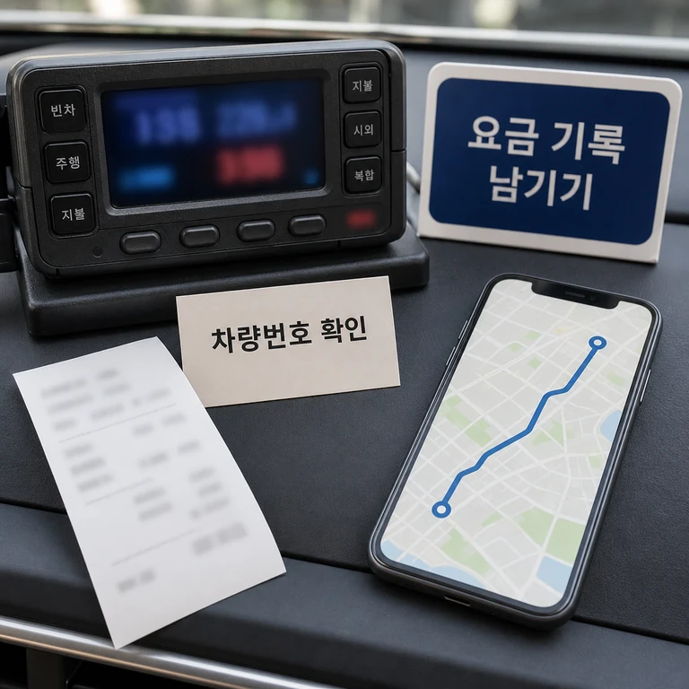 택시요금 기록을 남기기 위한 미터기와 영수증 체크 이미지