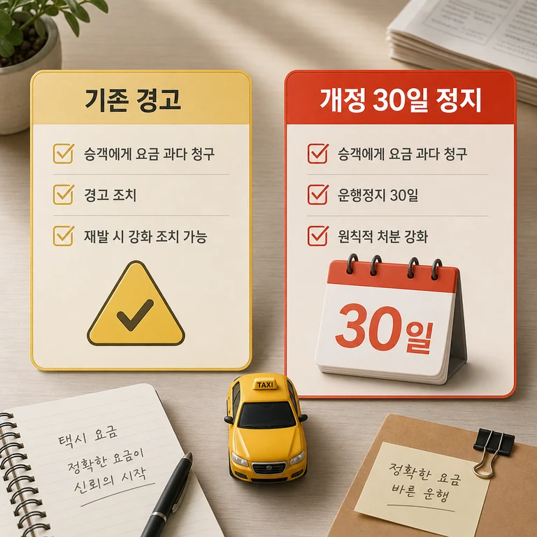 바가지 택시 처분 기준이 경고에서 30일 정지로 바뀌는 내용을 비교한 이미지