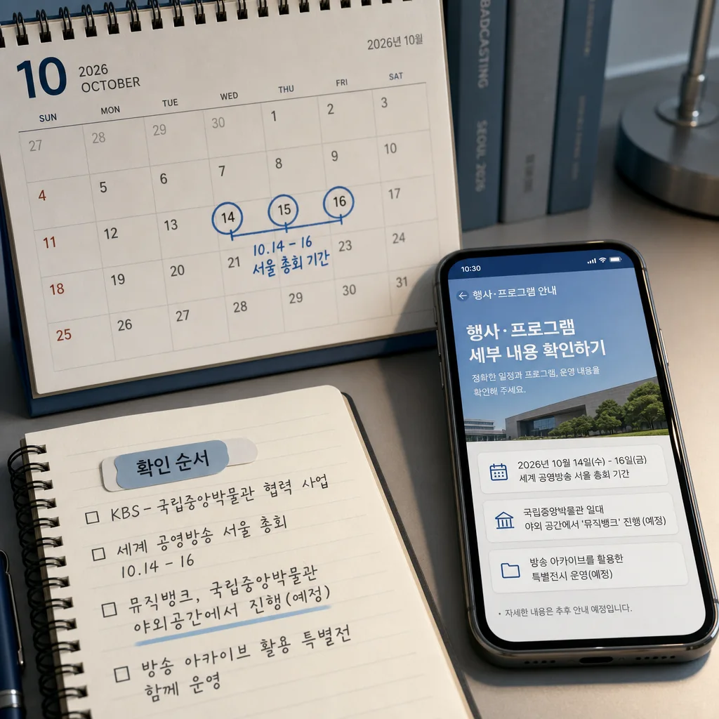 국중박 행사 일정과 확인 순서를 달력과 안내 화면으로 보여주는 이미지