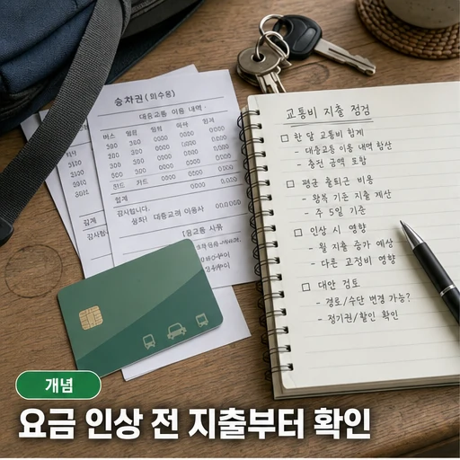 대중교통 요금 인상 전 교통카드와 지출 내역을 확인하는 본문 이미지