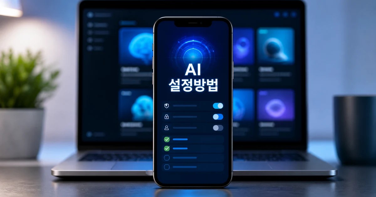 스마트폰 화면에 AI 설정방법 문구와 체크리스트가 표시되고 뒤로 노트북의 AI 대시보드가 보이는 디지털 설정 이미지