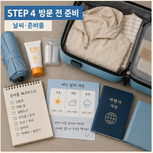 여수 방문 전 날씨와 준비물을 점검하는 여행 체크 이미지