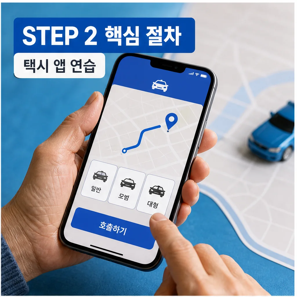 '어디나 5분 클래스' 영상 하나면, 어르신도 택시 앱 쓸 수 있어요 사용법과 활용 팁 본문 이미지 2: STEP 2 핵심 절차 택시 앱 연습