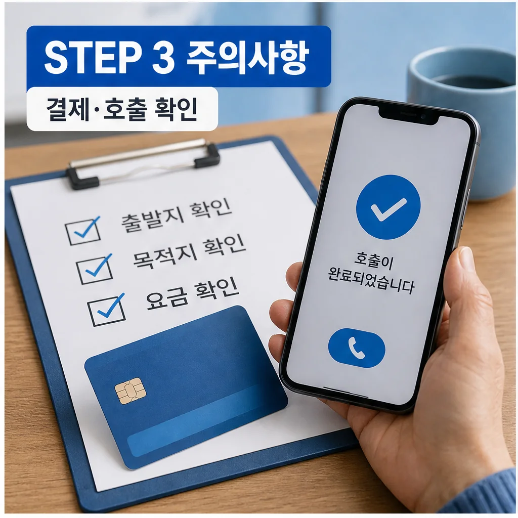 '어디나 5분 클래스' 영상 하나면, 어르신도 택시 앱 쓸 수 있어요 사용법과 활용 팁 본문 이미지 3: STEP 3 주의사항 결제·호출 확인