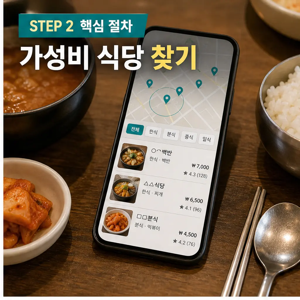 거지맵 가성비 식당 찾는 절차와 지도 검색 예시 이미지