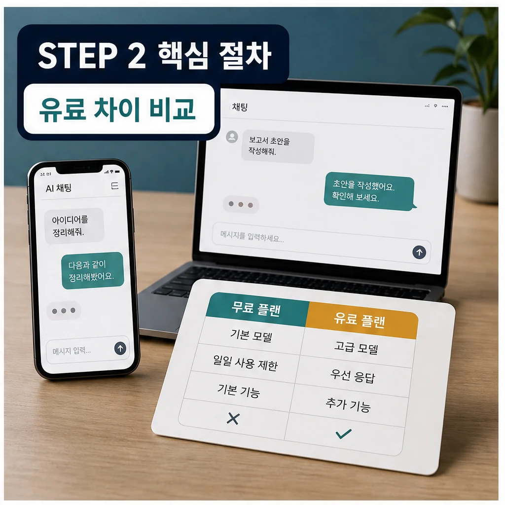 챗GPT 무료로 사용하는 법, 유료와는 무엇이 다를까? 실무 활용 체크리스트 본문 이미지 2: STEP 2 핵심 절차 — 유료 차이 비교