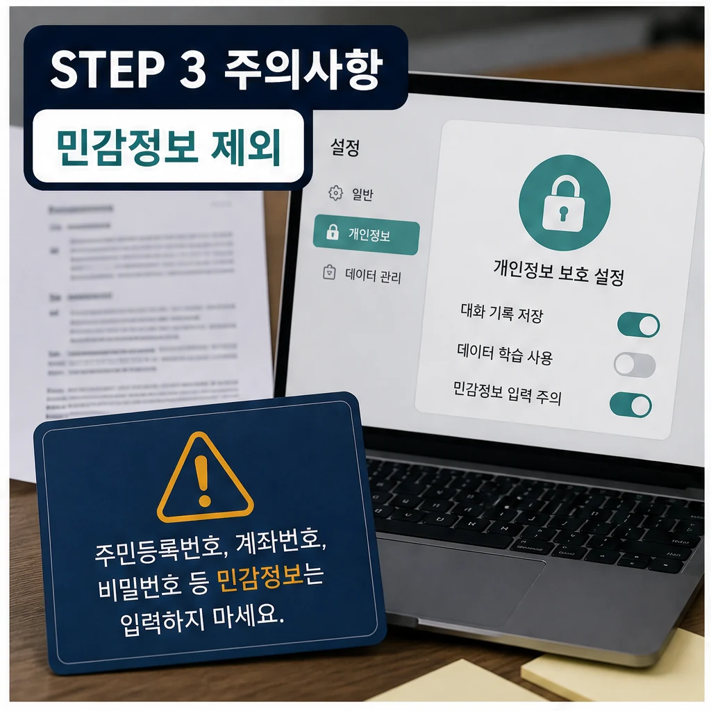 챗GPT 무료로 사용하는 법, 유료와는 무엇이 다를까? 실무 활용 체크리스트 본문 이미지 3: STEP 3 주의사항 — 민감정보 제외