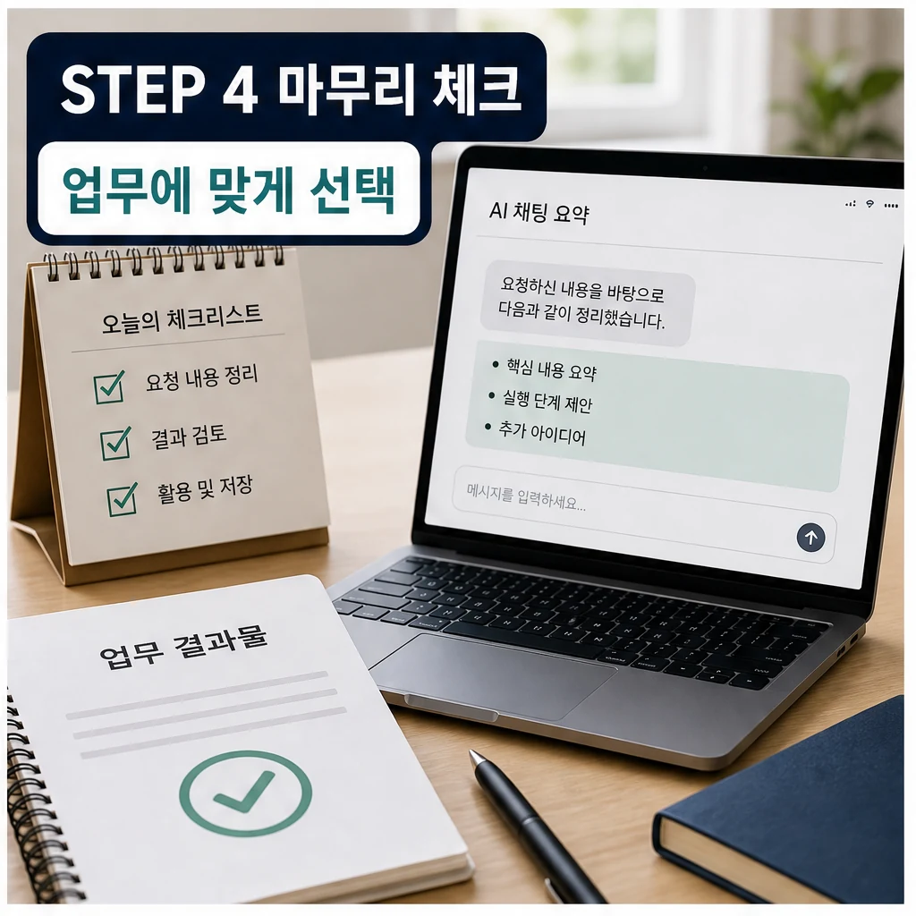 챗GPT 무료로 사용하는 법, 유료와는 무엇이 다를까? 실무 활용 체크리스트 본문 이미지 4: STEP 4 마무리 체크 — 업무에 맞게 선택