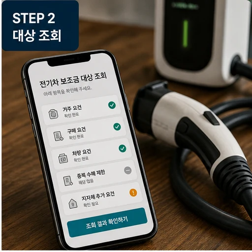 전기차 보조금 대상 조회 화면과 충전 케이블 이미지