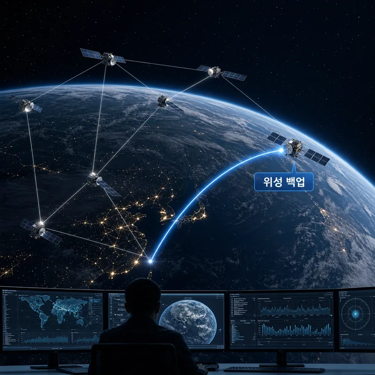 위성 백업 협력을 설명하는 위성과 지구 네트워크 이미지