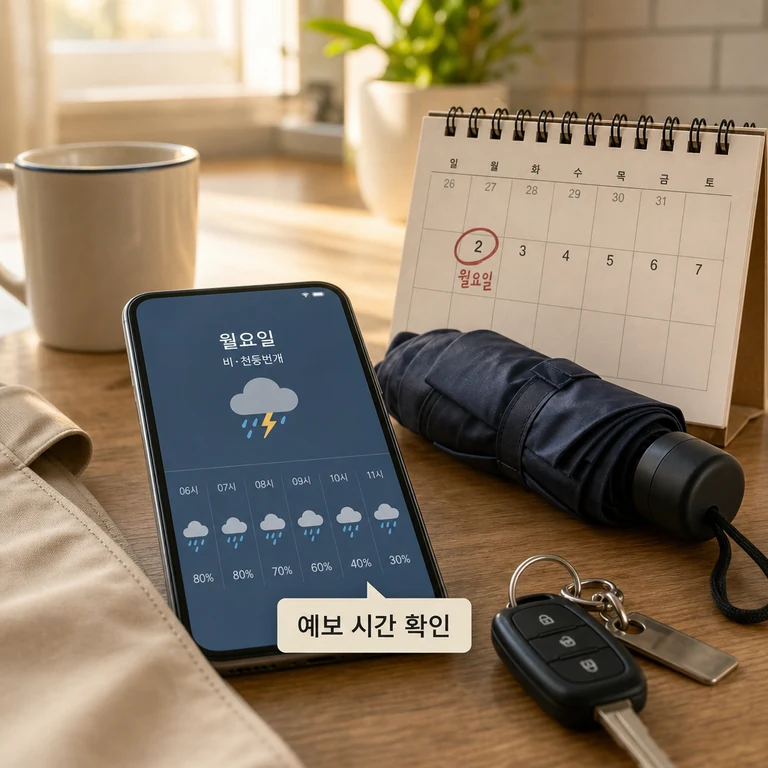 월요일 아침 시간대별 비 예보를 스마트폰으로 확인하는 장면