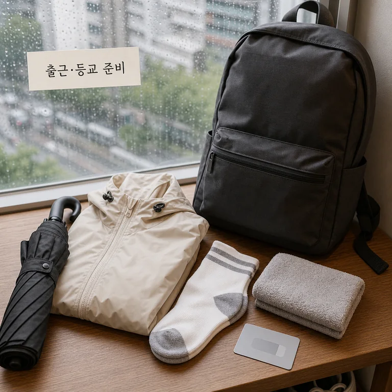 출근길과 등굣길 비 준비물인 우산과 여벌 양말을 챙기는 장면