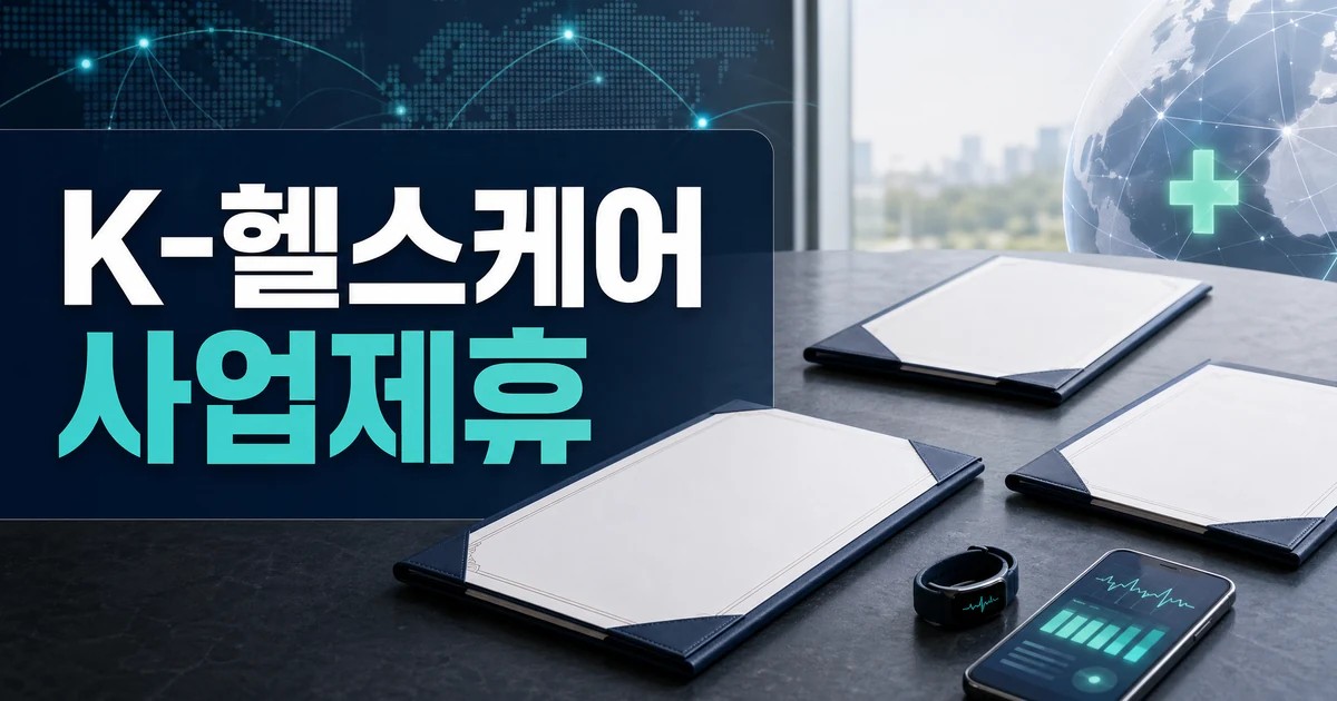 K-헬스케어 3사 글로벌 사업제휴 체결 핵심을 보여주는 회의 문서와 웨어러블 헬스케어 기기 이미지