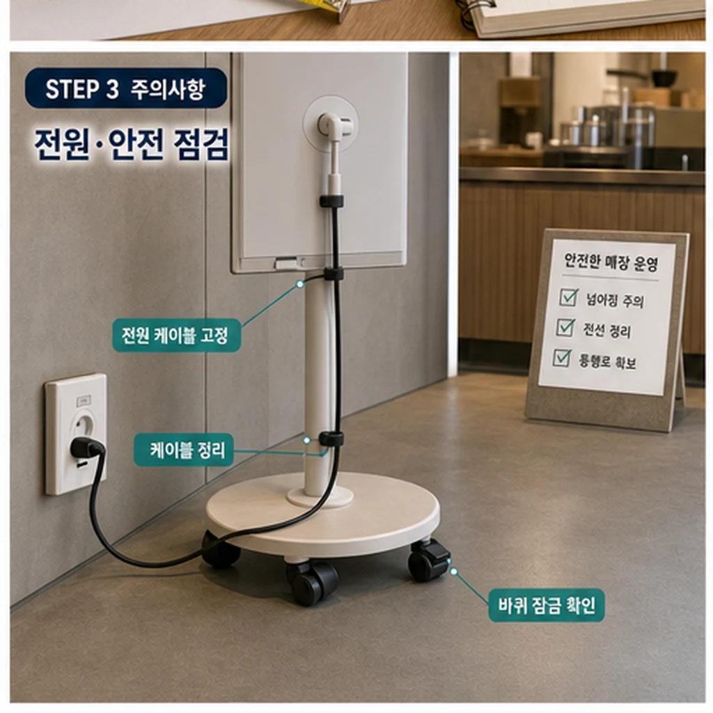 무빙스타일 전원 케이블과 바퀴 안전 점검 이미지
