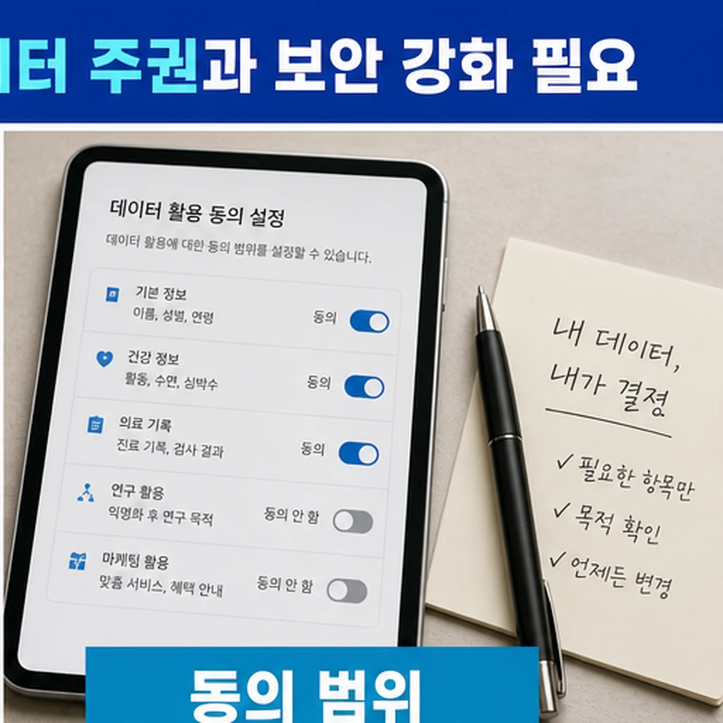 ‘헬스케어 마이데이터’, 데이터 주권과 보안 강화 필요 핵심 요약과 확인사항 동의 범위 이미지