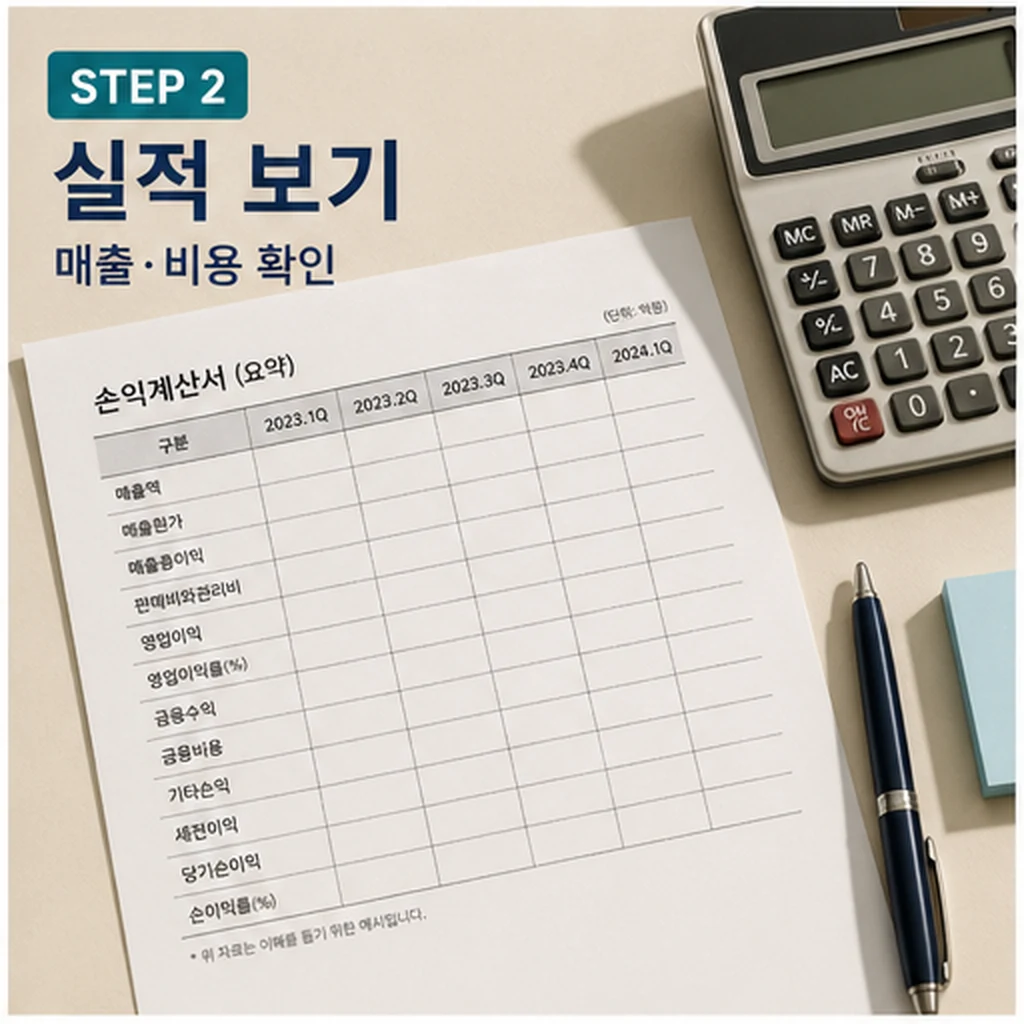 주식 실적과 매출 비용을 점검하는 투자 체크 이미지