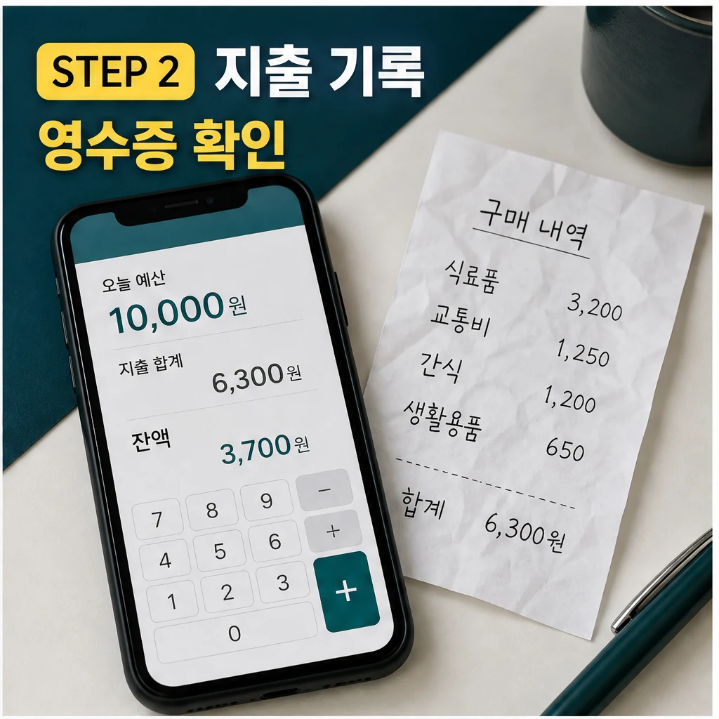 생활비 절약 지출 기록과 영수증 확인 이미지